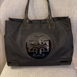 Tory Burch Black Ella Patent Large Tote Bag